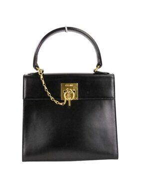 Celine Leather Chain Lock Handbag 2-Way Shoulder Black